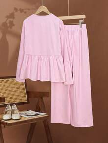 女士热销亚麻V领长袖纽扣衬衫上衣搭配松紧腰休闲裤两件套（长袖上衣+裤子），优雅通勤乡村风节日穿搭，粉色系春季款 - 粉色 - 查看 3