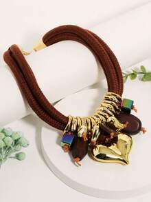 1pc Mixed Element Heart Pendant Necklace, Multi-Layer Chunky Rope Chain, Fashionable & Charming - Multicolor - View 11