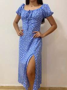 Women's Dress In Duna Lined Floral Print With Princess Sleeves And Front Slit With Elastex On The Back - Elegant Summer Fashion - 藍色 - 查看 3