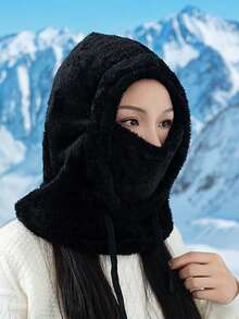 Classic Autumn/Winter Fashion New Earmuffs Scarf Combo Hat, Thick Ski/Cycling Face Mask Beanie, Casual Polyester Fleece Solid Color Hat, Suitable For Gatherings In Autumn/Winter Fall