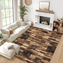 Modern Home Decor Patchwork Living Room Area Rug Stain Resistant Non Slip Hallway Runner Rug Printed Thin Low Pile Mat Throw Rug Washable Bordered Carpet Easy To Clean Soft Non Shedding Floorcover For Dinning Room Kitchen Laundry Bathroom Bedroom - 棕色 - 查看 3