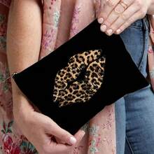 Bolsa de maquillaje con estampado de labios de leopardo gótico y estampado de calavera, bolsa de cosméticos con cremallera y bolsa de aseo - Estilo gótico oscuro bohemio de la academia, bolsa de medicina reutilizable con tema de terror, bolsa de almacenamiento de bolígrafos, bolsa de viaje y maquillaje - Para la escuela, la decoración del hogar de verano, la bolsa de aperitivos 9in*6in