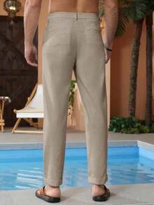 Runcati Mens Linen Pants Casual Elastic Waist Trousers Summer Beach Lightweight Pants - 卡其色 - 查看 2