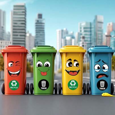 4 st klistermärken med tecknade ansikten | Självhäftande, kompatibel med plastytor, engångsbruk | Lämplig för papperskorg, vägg, toalett, kylskåp | Ljust ansikte, intressant temadekoration, tecknat glatt ansikte med toalettlock