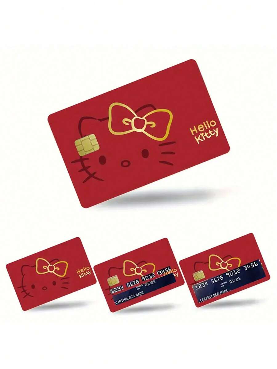1/4 pièces Autocollants de carte de crédit avec nœud rouge, Autocollants Hello chat adhésifs, Autocollants de passe de bus Hello chat minimalistes et mignons, Autocollants de carte de débit
