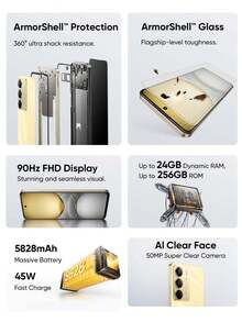 Realme C75 解锁手机 8GB+128GB/8GB+256GB 全球版，4G LTE，安卓 14 智能手机，50MP 摄像头，5828mAh 大容量电池，45W 快速充电，闪电金 - 黑色 - 查看 2