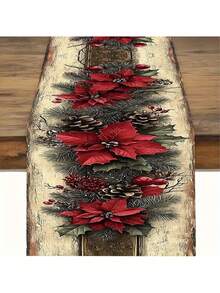 1pc, Retro Christmas Theme Table Runner With Red Poinsettia And Pinecone Design, Rectangular Holiday Dining Decor For Christmas, New Year, Winter Party Decoration, Christmas Table Ranner - متعدد الألوان - مشاهدة 1