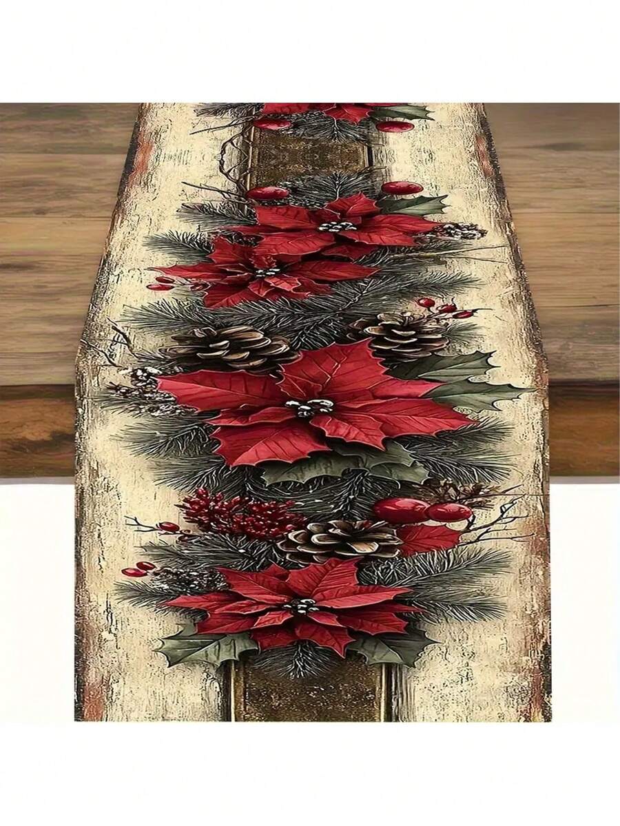 1pc, Retro Christmas Theme Table Runner With Red Poinsettia And Pinecone Design, Rectangular Holiday Dining Decor For Christmas, New Year, Winter Party Decoration, Christmas Table Ranner - متعدد الألوان - مشاهدة 1
