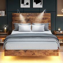 Wooden Platform Bed Frame With Reading Light Headboard, Floating Bed Frame With Adjustable LED Lights, No Box Spring Needed, Easy Assembly, Brown Bed Frame, Twin/ Full/ Queen/ King - Brown - View 11