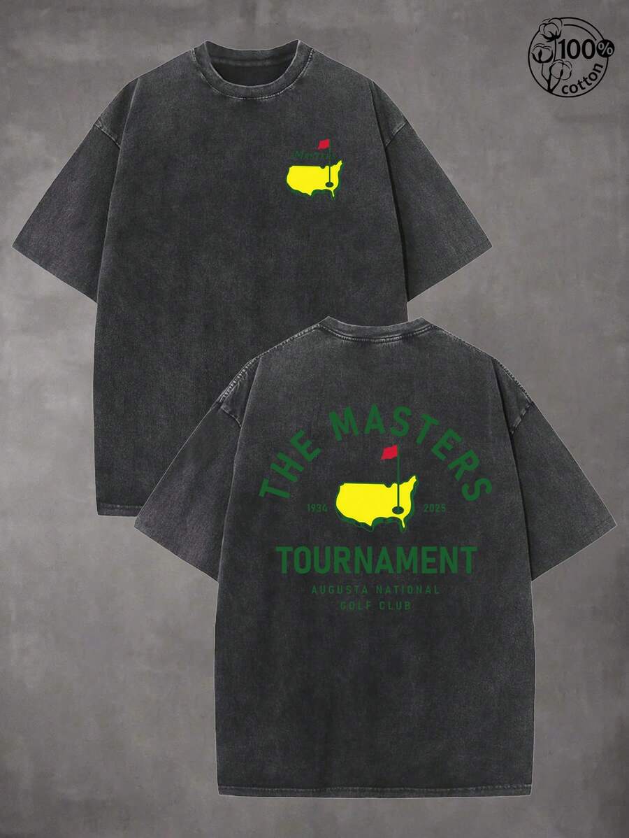 "THE MASTERS" Golf Pattern, Golf Shirt, Men's And Women's T-Shirts, 230G Wash Cotton High-Quality Cotton Printed T-Shirts, Men's Summer Clothing, Comfortable T-Shirt, Suitable For Street Retro And Outdoor Sports And Leisure, Y2K Style Outfit, Ball Sports T-Shirts, Perfect Gifts. - 黑色 - 查看 1