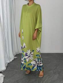 1pc Women's Loose Fit Arabic Abaya Dress, Green Placement Print, Stand Collar, Single-Breasted, Raglan Sleeve, Casual Long Dress, Elegant Arabic Robe, Luxury Holiday Evening Gown - Mint Green - View 6