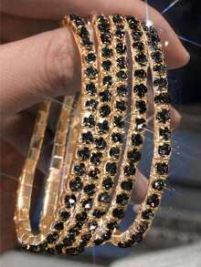 5 piezas de brazaletes elásticos con cristales de diamantes de imitación brillantes, joyas de estilo fiesta con brillo ajustable como regalo para mujeres - Dorado y negro - Ver 6