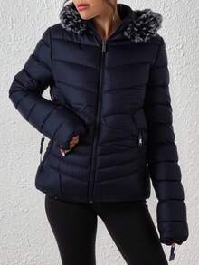 Chamarra Mujer Manga Larga Clima Frio Capucha Afelpada Desmontable Forro Suave Cierre Frontal Bolsillos Funcionales Ideal Para Uso Diario Cómoda Practica - Azul - Ver 3