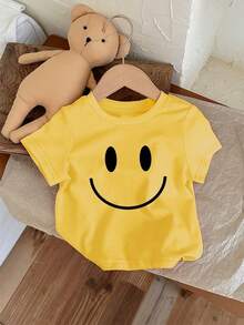 Blusa de manga corta con patrón de carita sonriente para niña pequeña, adecuada para verano - Amarillo - Ver 4