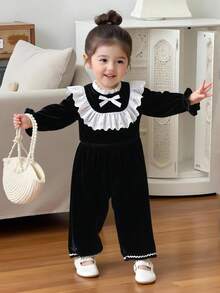 Autumn/Winter Baby Girls Floral Collar Long Sleeve Romper, Toddler Girls Casual Round Neck Jumpsuit