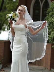 1 件时尚叶子刺绣弧形蕾丝新娘面纱，双层面罩配金属发梳，新娘婚礼揭幕面纱，新娘头饰秋季女士服装 - 樹葉花邊頭紗 - 查看 2