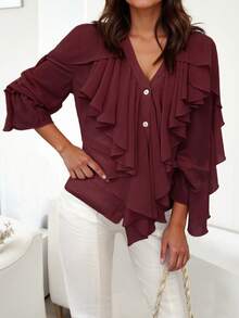 女士新款V领灯笼袖荷叶边纽扣宽松雪纺衬衫，时尚性感休闲半透明波西米亚风沙滩上衣，春夏秋季 - 紅色 - 查看 2