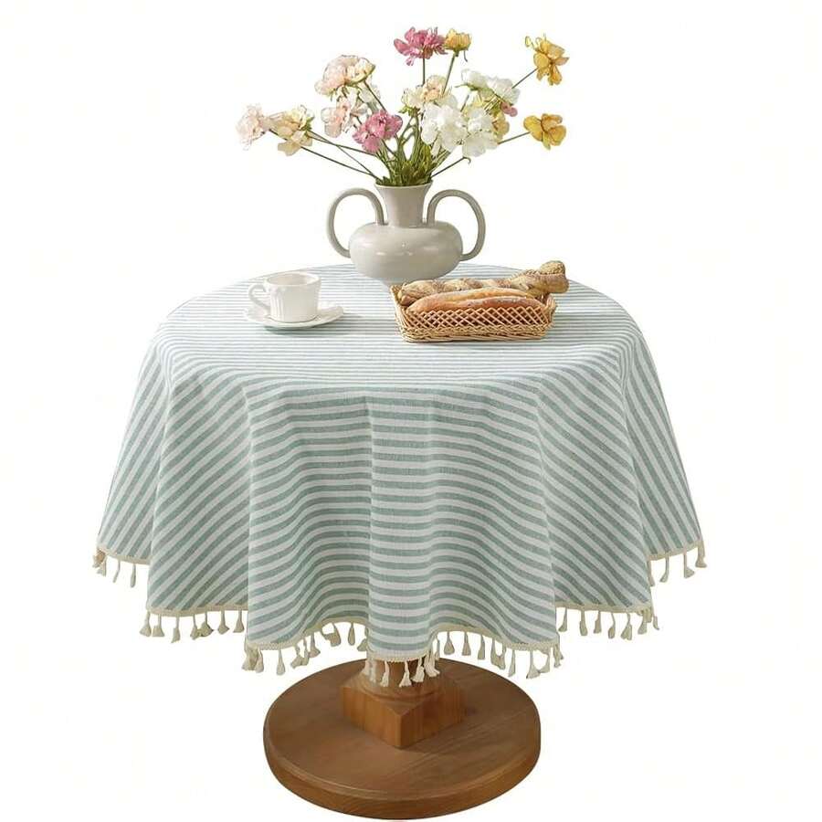 Round Tablecloths Striped Tablecloth Cotton Blend Table Cloth Washable Tabletop Decorative Fabric Table Cover For Kitchen Dinning (Green, Round 39 Inch) - Green39Round - View 1