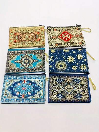 4 pièces Portefeuilles à fermeture éclair avec broderie dorée de style vintage, convenant à un usage quotidien, taille 4*6 pouces, portefeuille pour femme, mini portefeuille, porte-monnaie, portefeuille de voyage, sangle de poignet