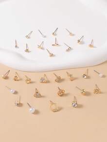 Bộ 30 bông tai đính đá hình trái tim, hoa, ngôi sao, nơ, quả anh đào, trang sức thời trang, đính đá kim loại giả ngọc trai, thích hợp cho trang phục hàng ngày, ngày lễ, thường ngày - Vàng - Xem 3