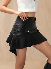 Yuwenier 性感朋克 PU 皮革不对称下摆黑色短裙，带拉链和纽扣细节，适合女士外出狂欢节派对服装 - 黑色 - 查看 3