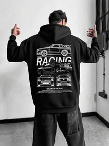 Men's Autumn/Winter Racing Culture Black Hoodie, Exclusive For Car Enthusiasts, Long Sleeve Top - Black - View 3