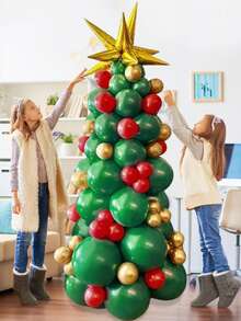 93pcs Christmas Tree Theme Balloon Column Set, Includes Yellow Explosion Star Balloons, Red, Green, Yellow Latex Balloons, Suitable For Christmas Party, Christmas Themed Birthday Party, Winter Home Decor, New Year's Eve Party Decor, DIY Christmas Tree