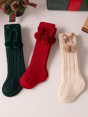 3Pairs/Lot Winter Autumn Baby Girls Cherry Ball Knee High Socks Toddler Tube Princess Sock For Kids Knitted Socken Leg Warmer 0-3Years