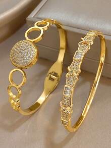 18K 镀金不锈钢奢华优雅几何锆石手镯套装，适合女士，钻石切割珠宝妈妈礼物圣诞节感恩节万圣节婚礼珠宝周年纪念情人节波西米亚珠宝日常派对 - 彩色 - 查看 10