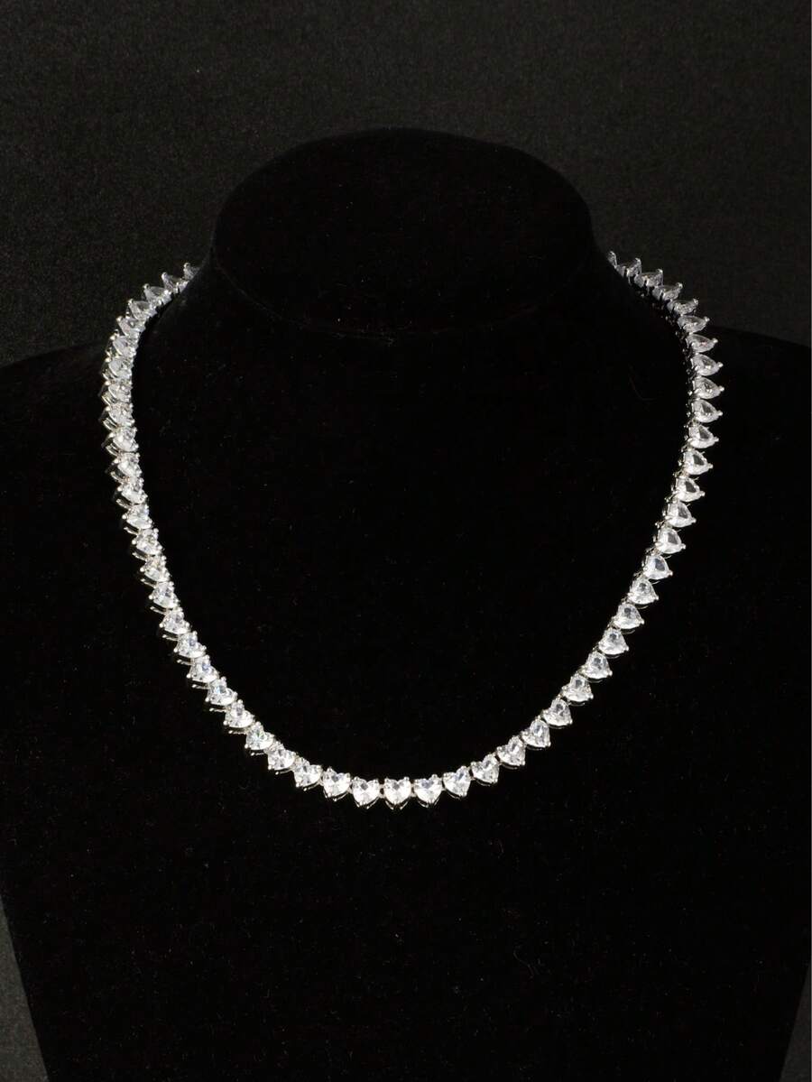 FUNEIA Heart Tennis Necklace For Women | 18" Iced Out Cubic Zirconia Gift | Simulated Diamond Tennis Chain - 銀色 - 查看 1
