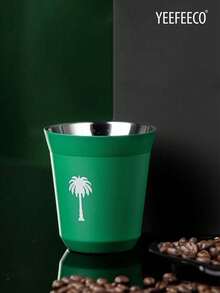 yeefeeco 1pc Stainless Steel Teacup, Coffee Cup With Green Palm Tree Pattern, Saudi National Day Gift, Iced Americano & Latte Cup, Outdoor Camping Water Cup, Mug, Green & Black Coffee Cup (80ml/160ml), Suitable For Saudi National Day Gifting, Receiving Guests And Afternoon Tea