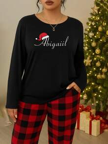 Personalized Christmas Print Name Text Women Long Sleeve Sleepwear Top, Customized Christmas Gift Home Wear - Black - View 2