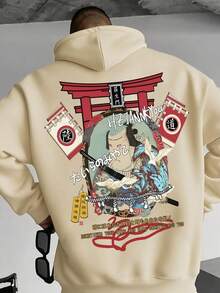 Men's Loose Fit Hoodie With Japanese Ukiyo-E Samurai Print, Autumn/Winter