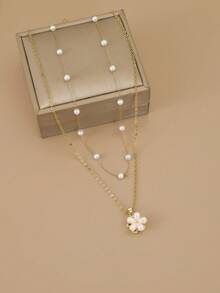 2 piezas Elegante y exquisito conjunto de collar de mujer con flor giratoria de perla de acero inoxidable, joyería de acero inoxidable impermeable, collar dorado, joyería de alta calidad chapada en oro, collar de otoño, regalo de cumpleaños, regalo para parejas, regalo de pareja, regalo