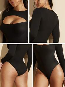 1pc Women Hollow Out Long Sleeve Sexy Chest Shaping Bodysuit - Black - View 7