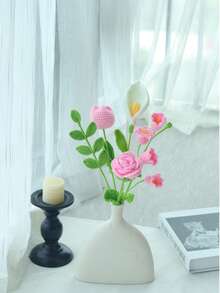 1件/套手工钩编花束（不含包装材料），手工鲜花，DIY花束，包含多头铃兰、马蹄莲、尤加利叶、郁金香和玫瑰，适合春夏装饰、家居装饰、返校季、情人节、感恩节、婚礼、派对，也可作为礼物送给爱人、朋友、家人、亲人。 - 粉色 - 查看 4