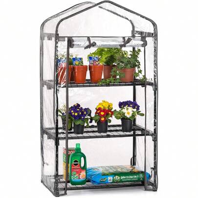 3 Tier 4ft Greenhouse, Mini Portable Compact Garden Growhouse, Sturdy Steel Frame, Double Zip PVC Cover