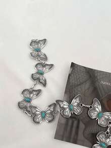 Hershine Klasyczny turkusowy inkrustowany łańcuszek w kształcie motyla, regulowany metalowy pasek w stylu boho, lato, szkoła, jesień, Halloween