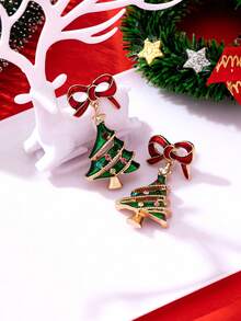 1 Pair Cute & Sweet Versatile New Christmas Bow & Christmas Tree Pendant Earrings, Christmas Jewelry For Women