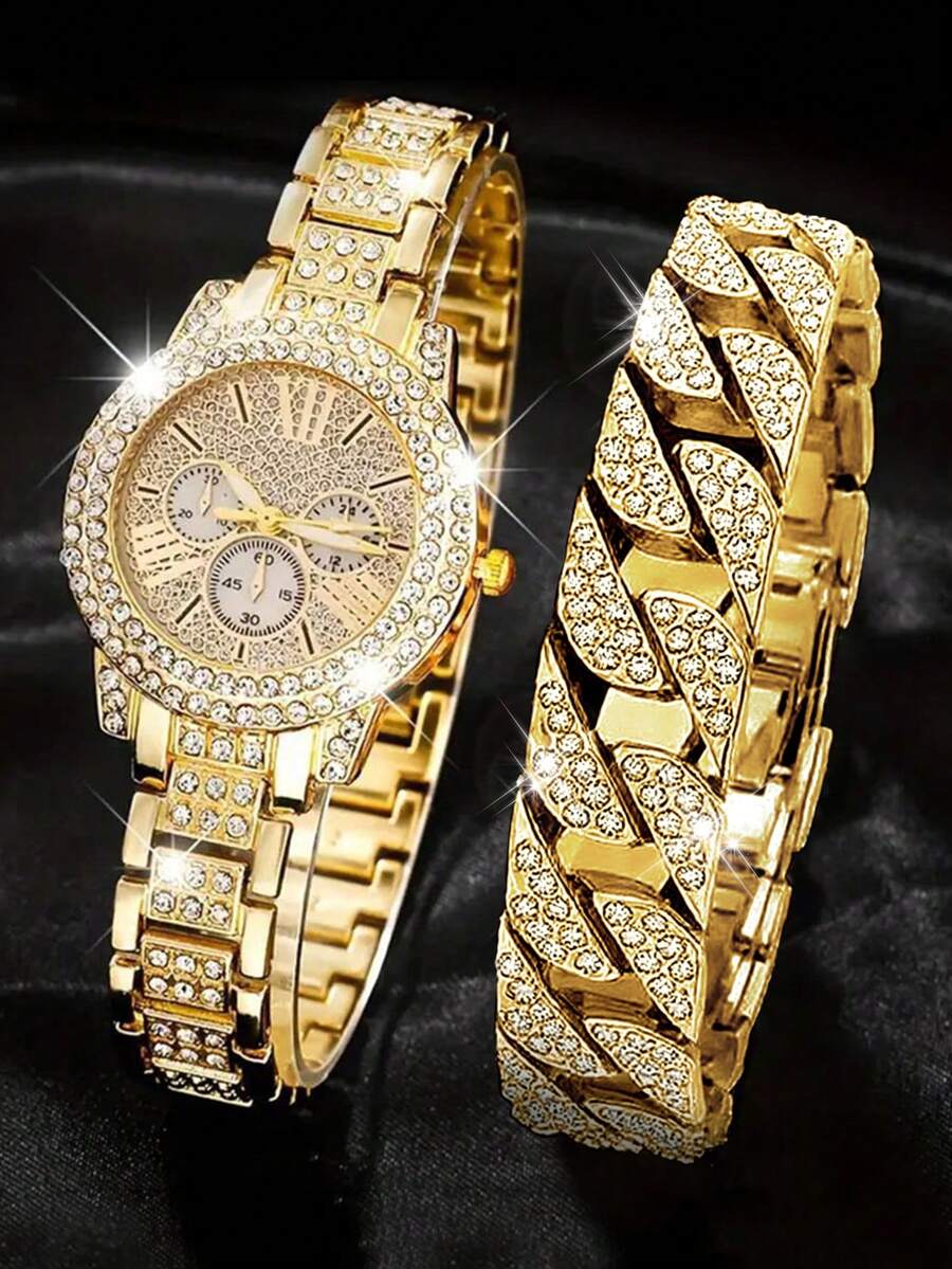 2pcs Set Elegant Crystal Quartz Watch & Heart-Shaped Diamond Bracelet, Fashion, Minimalist, Luxury Women's Watch Set, Suitable For Holidays, Parties, Weddings, Gatherings, And Daily Wear, Best Gift For Women - Gold - View 1