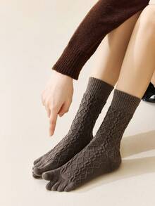 1/3/6 Pairs Women Solid Color Two-Toe Socks, Autumn/Winter Merino Wool Blend Mid-Calf Socks, Women Diamond Grid Toe Socks