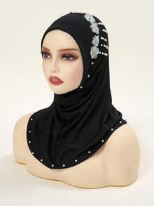 1 pieza Hijab de unicolor de moda para mujer, elegante y cómoda envoltura de cabeza de lino con cristales para protección solar diaria al aire libre