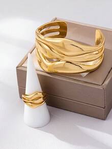 2 件套（1 个几何水滴手镯和 1 个几何水滴厚戒指），复古别致金色几何水滴设计手镯和厚戒指首饰套装，复古氛围，持久色彩，适合女性日常佩戴、节日、聚会、派对、情侣礼物 - 金色 - 查看 6