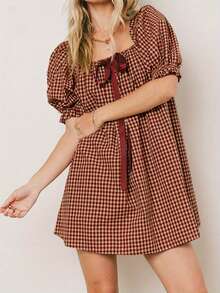 Women Plaid Summer Dress Loose Bow Square Neck Puff Sleeve Short Dress For Daily Travel - 紅色 - 查看 4