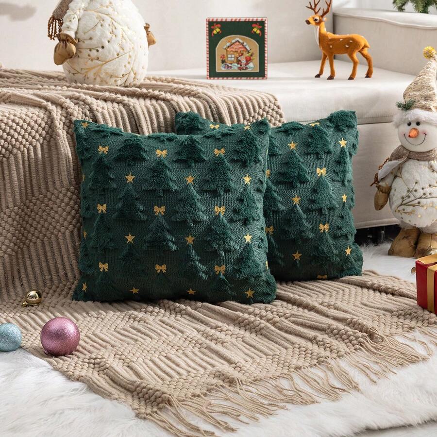2pcs Christmas Quilted Plush Christmas Tree Pillow Covers, Suitable For Living Room, Bedroom, Sofa, All Seasons - Green - View 1