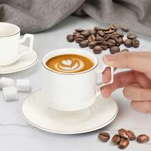 6-Pc Embossed Coffee Cup Set - Ceramic Espresso Cups & Saucers W/ Gothic Relief Design, Cafe Service For Cappuccino/Latte, Perfect For Fall / Thanksgiving Day Table Decor - White-90ml-6 Cups and 6 Plates - View 2