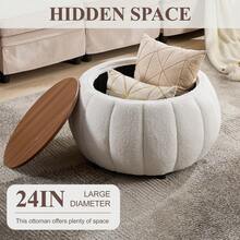 YDCOSYFY 30 Inches Large Round  Ottoman With Storage,Pumpkin Shape Upholstered Ottoman Coffee Table, With Removable Wooden Top, Soft Teddy Fabric Surface, For Living Room, Bedroom - 白色 - 查看 2