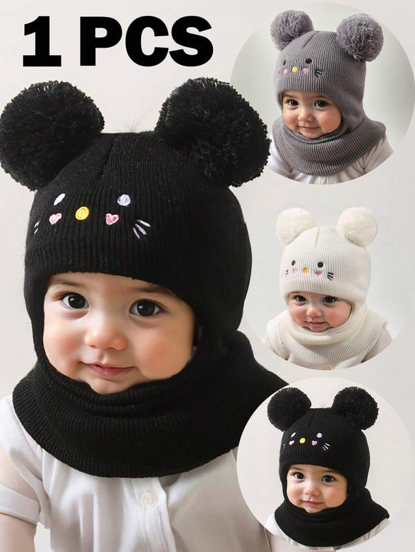 1pc Infant/Toddler Cat Embroidery Cute Kids Knit Balaclava Newborn Hat Winter Warm Casual Baby Boy Girl Beanie Hat Ski Mask Hat For Outdoor & Daily Use Beanies