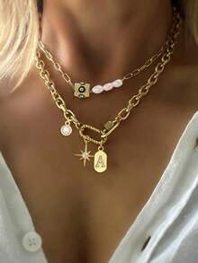 STYLEVER 1 件金色 A-Z 首字母项链，螺丝双扣链，单锆石八角形吊坠链，恶魔眼珍珠链，不锈钢链，万圣节和圣诞节礼物，适合女性 - 金黃色 - 查看 2