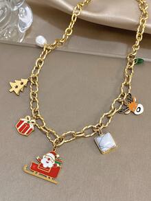 2 Stücke/1 Stück 18 Karat vergoldetes Edelstahl-Set mit Weihnachtsanhänger und Armband für Damen, süßer Weihnachtsmann-Rentierbaum, Weihnachtsgeschenk, Party-Geschenk, Muttergeschenk, Weihnachts- und Erntedankgeschenk, Schmuckgeschenk zum Jahrestag, Valentinstag, Boho-Schmuck, Alltagsparty